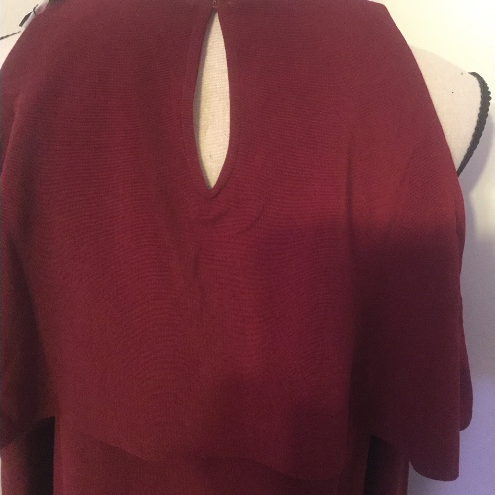 WINE COLD SHOULDER RUFFLED CHEST OVERLAY DRESS - Picture 6 of 8